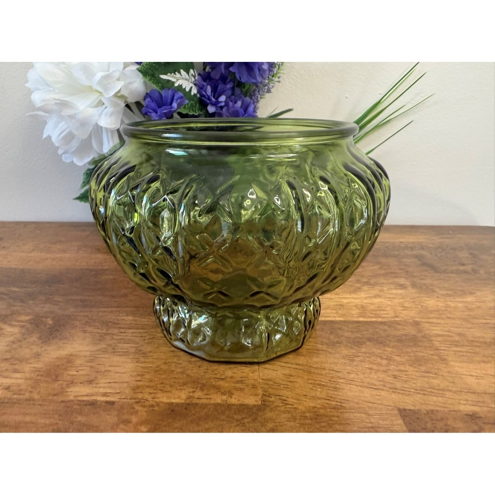 Vintage Avocado Green Glass Planter Vase Textured Diamond Pattern Bowl Retro‎
